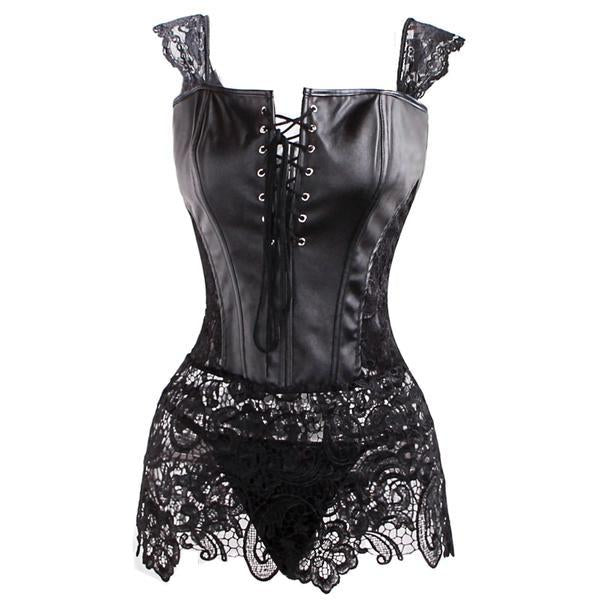 Black Faux Leather&Lace Steampunk Corset