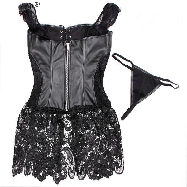 Black Faux Leather&Lace Steampunk Corset