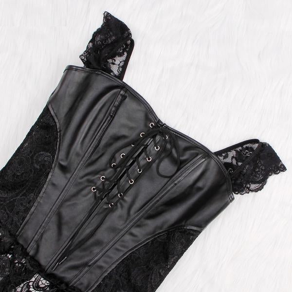 Black Faux Leather&Lace Steampunk Corset